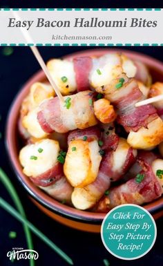 bacon and cheese bites in a bowl with toothpicks