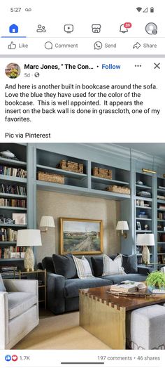 a living room filled with lots of furniture and bookshelves next to each other