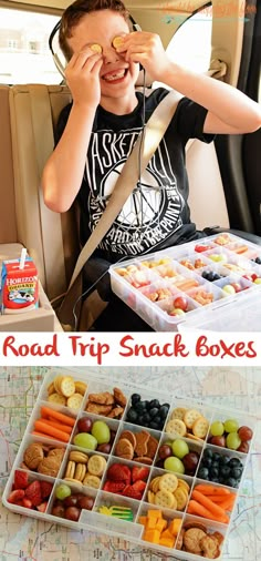 the road trip snack boxes are filled with fruit and crackers for kids to eat