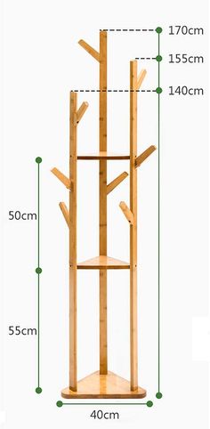 a wooden shelf with three shelves and measurements