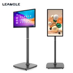 an electronic display with two different displays on the same stand, one displaying images and another displaying