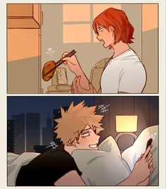 two comics showing the same person in bed, one is eating food and the other is reading