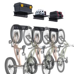 several bikes are shown with different parts attached to the bike rack and wheels on each side