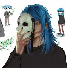 a man with blue hair holding a mask to his face