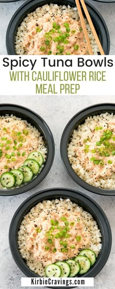 three bowls filled with rice, cucumbers and sauce on top of each other