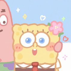 an animated spongebob character is standing in front of another character with big eyes