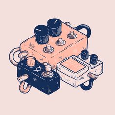 an illustration of a suitcase with buttons and knobs on the handle, sitting next to a video game controller