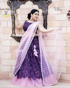 Simple Purple Lehenga, Purple Color Half Saree, Net Designer Lehangas, Lehanga Croptop Designs Latest, Combination With Purple Lehnga, Net Half Saree Designs, Purple Contrast Color Combinations Dress, Croptop Lehenga Designs Latest, Purple Half Saree