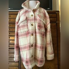 Nwot Womens Sherpa Plaid Shackleton. It Is Super Soft, Cute Pink Plaid Pattern. It Is Size Xl. Perfect For Layering. Warm Cozy Pink Button-up Outerwear, Oversized Pink Outerwear With Button Closure, Pink Collared Shacket For Winter, Cozy Pink Winter Outerwear, Pink Long Sleeve Shacket For Winter, Pink Long Sleeve Winter Shacket, Pink Outerwear With Fleece Lining For Cold Weather, Pink Shacket With Button Closure For Fall, Pink Collared Shacket With Pockets