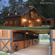 two pictures show the inside and outside of a horse barn at night, with lights on