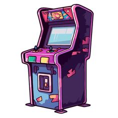 an old school arcade game machine in purple and blue with arrows coming out of it