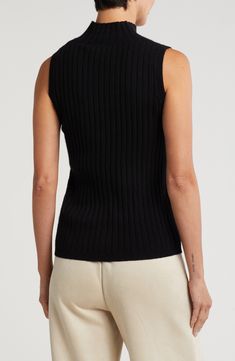 Classic rib knitting sweetens the style of a soft, lightweight sweater perfect for building cold-weather outfits. 24" length (size Medium) Mock neck Sleeveless 100% cashmere Dry clean Imported Fitted Sleeveless Black Sweater, Black Fitted Sleeveless Sweater, Fitted Black Sleeveless Sweater, Casual Ribbed Crew Neck Vest, Fitted Black Sweater Vest, Versatile Ribbed Tank Top For Fall, Sleeveless Black Sweater For Work, Fitted Sleeveless Fall Sweater, Casual Ribbed Knit Top