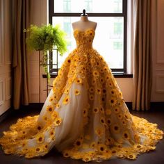 Sunflower Wedding Dress, Yellow Wedding Dress, Baju Kahwin, Sunflower Dress, Fantasy Dresses, Dream Wedding Ideas Dresses, Fantasy Gowns, Fairytale Dress, Fantasy Dress