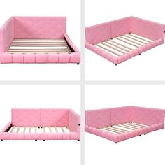 four different views of a pink bed with mattresses and headboard, side by side