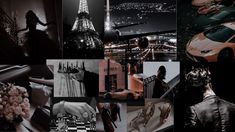 black and white collage with woman in front of eiffel tower at night