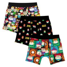 Rep your favorite animated troublemakers when you wear these men's South Park boxer briefs. Each pair of boxers in this set of three features a colorful repeat pattern of your favorite series characters. The boxer briefs are made from comfortable and breathable materials to keep you feeling your best. South Park fans are sure to get a kick out of these themed boxer briefs, which make a great addition to any wardrobe. South Park Belt, South Park Boxers, Boxers With Designs, Night Ware, Playful Multicolor Cotton Boxer Briefs, Woman Boxer, Psd Mens Boxers, Summer Boxer Briefs With Built-in Shorts, Boxers Women