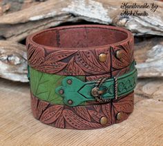 Green bracelet Green bangle Brown bracelet by HandmadeByAleksanta Unique Leather Bangle Bracelet For Gifts, Handmade Leather Bangle Bracelet, Brown Bracelet, Leaf Bracelet, Wide Bracelet, Hand Painted Jewelry, Clay Necklace, Fall Jewelry, Wooden Jewelry