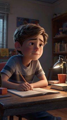 a boy sitting at a desk with a book and pencil in front of him