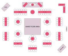 the floor plan for an event with tables, chairs and seating areas in pink colors