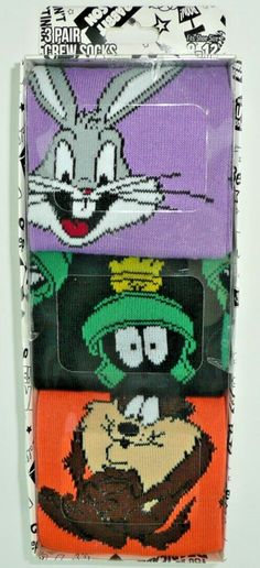 This is for 3 pairs of awesome Looney Tunes socks!   Perfect as a stocking stuffer or gift!  Each sock has a different all over print of a Looney Tunes character; Bugs Bunny, Marvin the Martian, Taz. Theme: Looney Tunes - 3 different pairs. Fits Shoe Size: 8-12 Men's Brand: Bioworld Materials: 93% Polyester, 5% Recycled Polyester, 2% Spandex CONDITION - New, Sealed. Please ask any questions! Check out my store for more character socks!  Many to choose from! Funny Multicolor Socks For Gifts, Funny Multicolor Socks For Gift, Novelty Multicolor Socks As A Gift, Fun Multicolor Character Print Socks, Novelty Multicolor Socks For Stocking Stuffers, Multicolor Novelty Socks For Stocking Stuffer, Marvin Martian, Looney Tunes Characters, Marvin The Martian