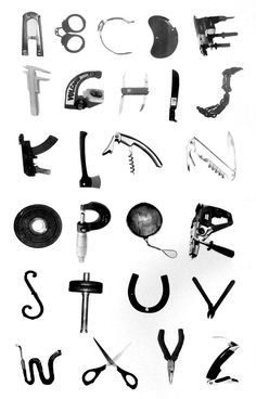 the letters and numbers are made up of different types of scissors, pliers, and other objects