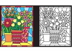 the front cover of an adult coloring book with flowers and potted plants on it