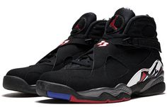 The Nike Air Jordan 8 Retro 'Playoff' 2013 is a must-have sneaker for any fan of the greatest basketball player of all time, Michael Jordan. This retro re-release of the sneaker worn by Jordan during Game 6 of the 1993 NBA Finals against the Phoenix Suns is a faithful reproduction of the original design, down to the black nubuck suede upper and white, black, and True Red graphical overlays at the ankles. The only difference between the 1993 model and the 2013 retro is the True Red heel tab, whic Air Jordan Retro 8, Air Jordan 8 Retro, Nike Air Jordan 8, Air Jordan 8, Jumpman Logo, Jordan 8, Air Jordan Retro, Phoenix Suns, Red Heels