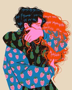 two people hugging each other with strawberrys on the shirt and one woman's hair