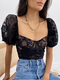 Cropped Lace Puff Sleeve Blouse - AnotherChill Cottagecore Vibes, Halloween Skirt, Street Y2k, Black Cami Top, Wardrobe Pieces, Bodycon Floral Dress, Cardigan Sweater Jacket, 90s Grunge, Puff Sleeve Blouse