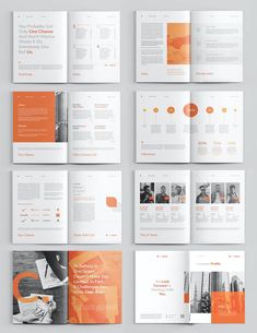 an orange and white brochure is displayed on a gray background with several different images