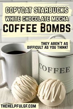 two white chocolate mocha coffee bombs with mug of coffee Diy White Chocolate Mocha, White Chocolate Mocha Coffee, Diy White Chocolate, Chocolate Mocha Coffee, Mocha Drink, Treat Board, Coffee Desserts