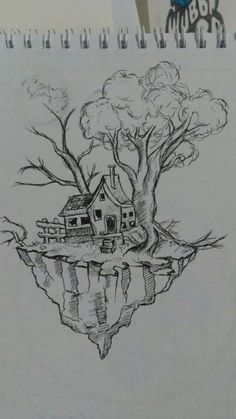 a drawing of a house on an island in the middle of water with trees growing out of it