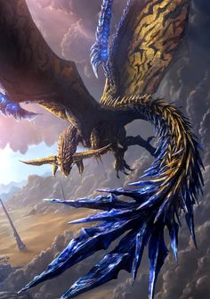 two large dragon like creatures flying through the sky with their wings spread out and facing each other