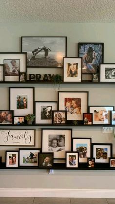 a wall filled with lots of pictures and framed photos next to a potted plant