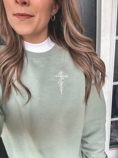 Floral Cross Embroidery, Green Shirt Embroidery, Christian Embroidery Tshirt, Embroidered Cross Design, Green Embroidered Crew Top, Green Embroidered Crew Neck Top, Green Embroidered Long Sleeve T-shirt, Oversized Floral Embroidery Crew Neck Top, Oversized Floral Embroidered Crew Neck Top