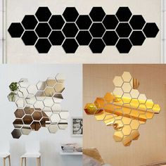 several different types of hexagonal mirrors hanging on the wall in various styles and colors