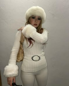 Winter core white outfit Russian bimbo core hot girl winter winter fashion snow princess white fur trimmed sweater white fur trimmed hat Bimbocore Outfits Winter, Wintercore Aesthetic Outfit, Y2k Winter Coat, Winter Princess Outfit, Russian Bimbocore Outfits Winter, Russian Bimbocore Outfits, Fur Sweater Outfit, Mcbling Outfits Winter, Mcbling Winter