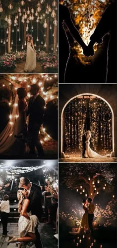 a collage of wedding photos with lights