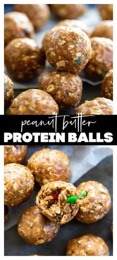 peanut butter protein balls stacked on top of each other with the words, peanut butter protein balls