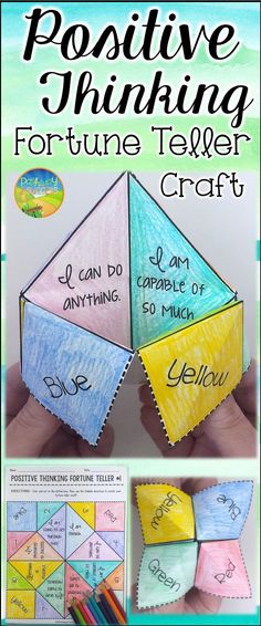 an origami fortune teller with the words positive thinking written on it and two pictures of