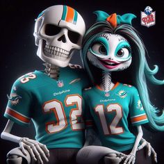 a couple of skeletons dressed in football uniforms are posing for a photo with their arms around each other