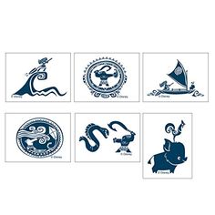 six blue and white logos with animals, boats, and other things on them in different shapes