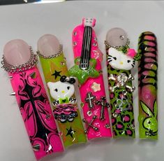 Hello Kitty Charms, Horror Nails, Punk Nails, Nails Only, Nails For Kids, Long Square Acrylic Nails, Bling Acrylic Nails