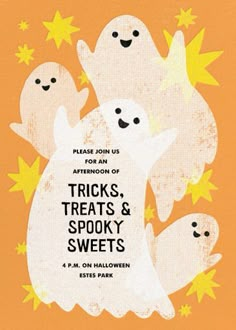 a poster for trick's treats and spooky sweets with three ghost characters