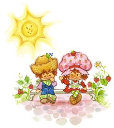 two children are sitting on a bench under the sun, with flowers and plants around them