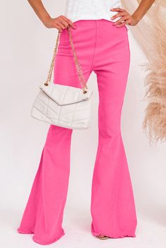 Pink Bell Bottom Denim Pants Denim Flare Pants, Long Denim Pants, Bell Jeans, Mid Waist Jeans, Pink Denim, Jeans Material, Denim Flares, Bell Bottom, Plus Size Jeans