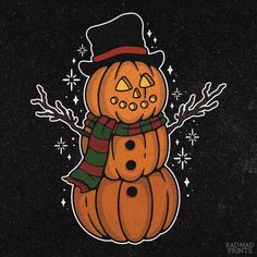 a pumpkin wearing a hat and scarf with snowflakes around it's neck