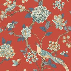 Fanciful Floral Wallpaper in Red and Blue by Ashford House for York Wallcoverings Versailles Ky, Stripped Wallpaper, Jacobean Embroidery, York Wallpaper, W Wallpaper, Floral Branch, Beige Wallpaper, Pastel Palette, York Wallcoverings