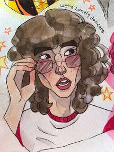 a drawing of a woman holding her glasses up to her face and looking at the camera