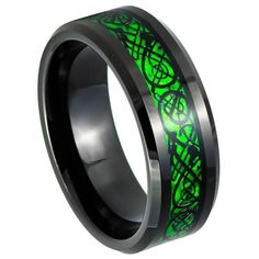 Absolutely Gorgeous 8mm 8mm Black And Green Celtic Dragon Inlay Tungsten Wedding Band 100% Tungsten Metal - Durable, Never Tarnishes Or Discolors Your Finger, And Features Domed Comfort Fit For Zero Irritation. Available In Men's And Women's Sizes. Half Sizes Available!. Thanks For Looking! Great For Wedding Bands Or Everyday Use Item#1008tr-15 Green Tungsten Ring, Celtic Dragon, Viking Culture, Tungsten Mens Rings, Viking Ring, Engraved Ring, Tungsten Wedding Bands, Wolfram, Tungsten Ring